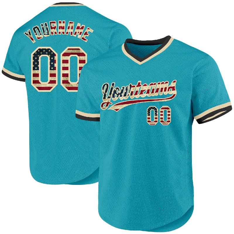 Custom Teal Vintage USA Flag Cream-Black Authentic Throwback Baseball Jersey