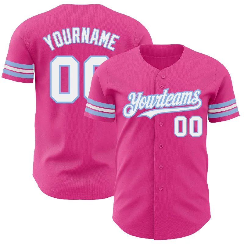 Custom Pink White-Light Blue Authentic Baseball Jersey