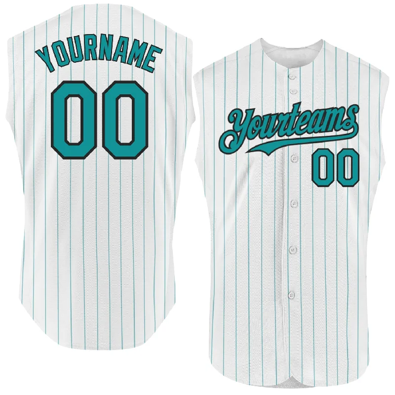 Custom White Teal Pinstripe Navy Authentic Sleeveless Baseball Jersey