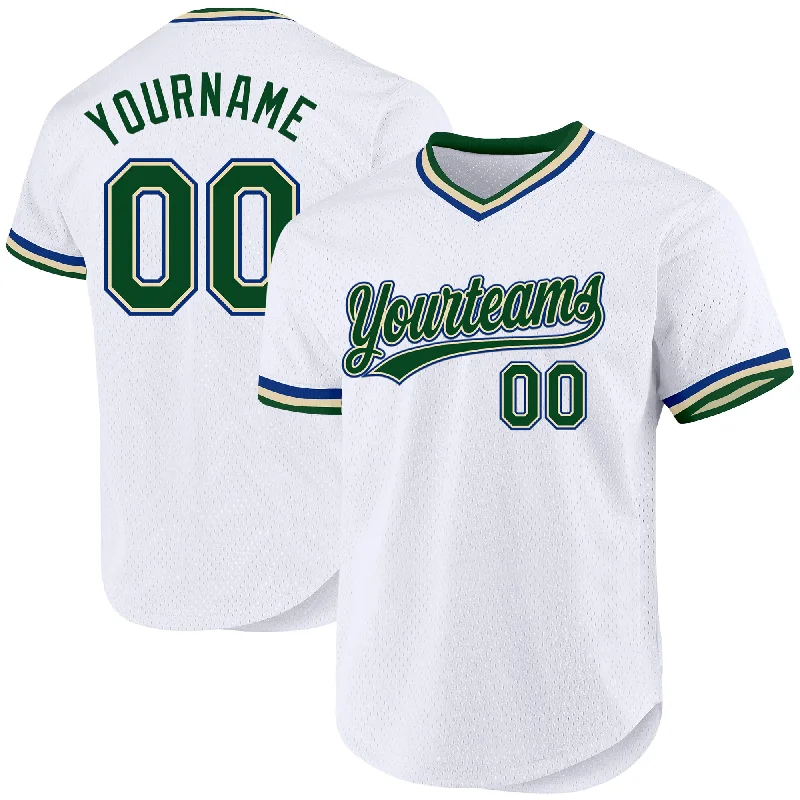 Custom White Green Cream-Royal Authentic Throwback Baseball Jersey