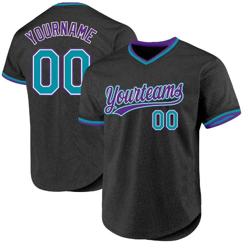 Custom Black Teal-Purple Authentic Throwback Baseball Jersey