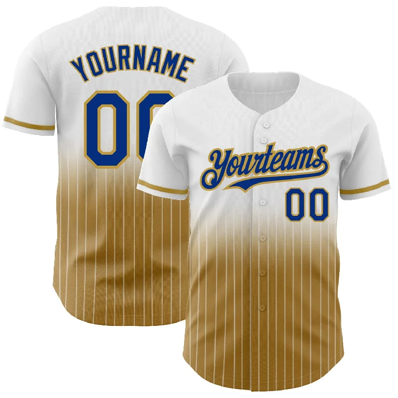 Custom White Pinstripe Royal-Old Gold Authentic Fade Fashion Baseball Jersey