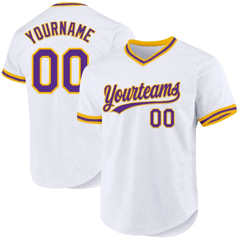 Custom White Purple-Gold Authentic Throwback Baseball Jersey