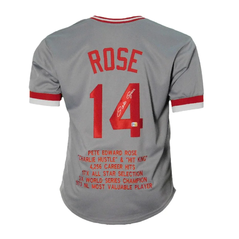 Pete Rose Signed Stats Cincinnati Pro Edition Grey Jersey (Fiterman & JSA)