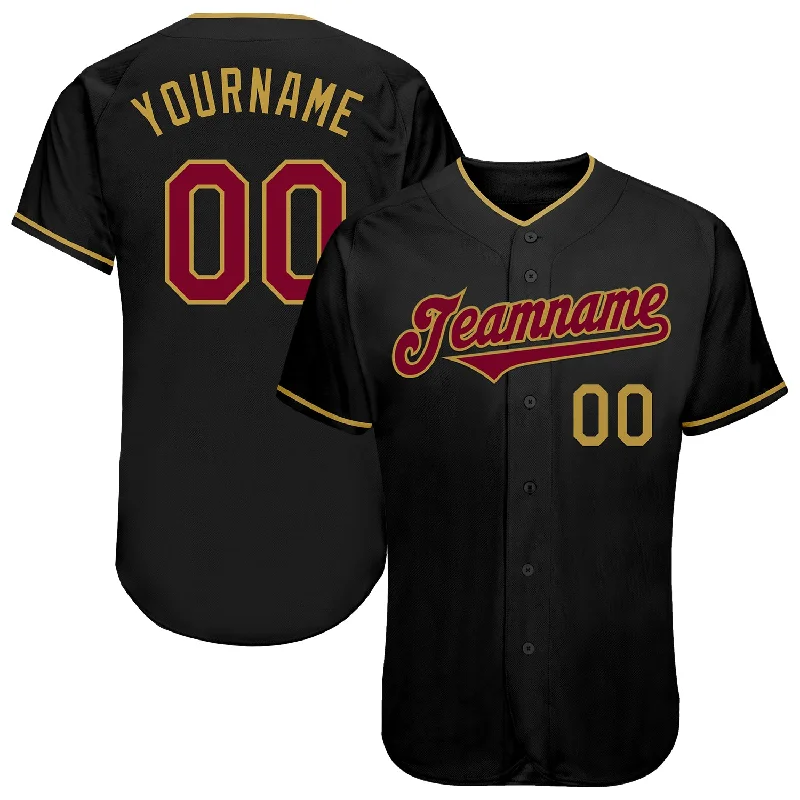 Custom Black Maroon-Old Gold Authentic Baseball Jersey