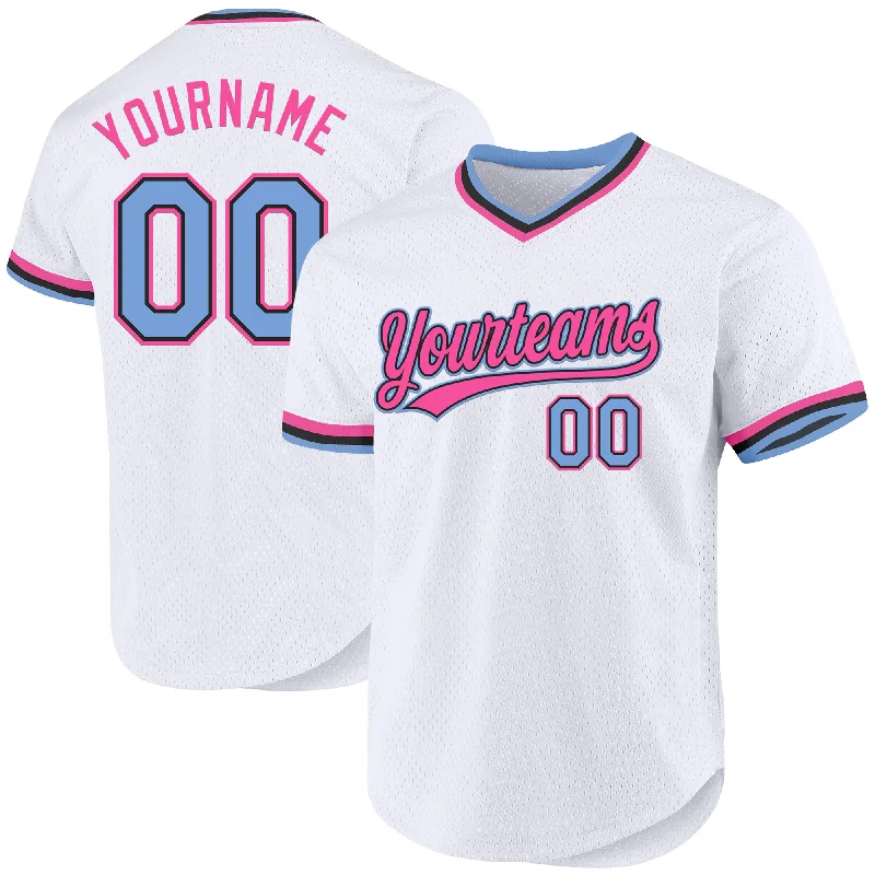 Custom White Light Blue Black-Pink Authentic Throwback Baseball Jersey