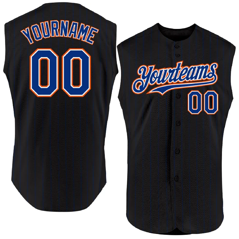 Custom Black Royal Pinstripe White Authentic Sleeveless Baseball Jersey