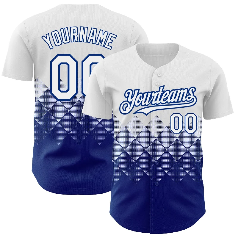 Custom White Royal 3D Pattern Design Gradient Square Shapes Authentic Baseball Jersey