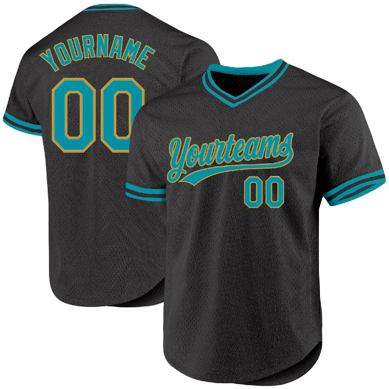 Custom Black Teal-Old Gold Authentic Throwback Baseball Jersey