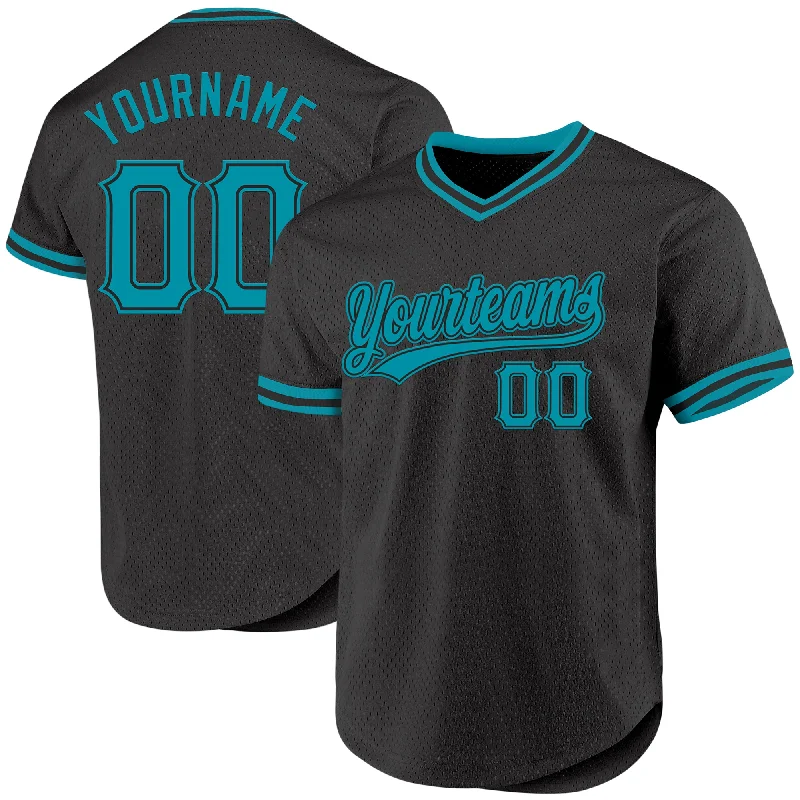 Custom Black Teal Authentic Throwback Baseball Jersey