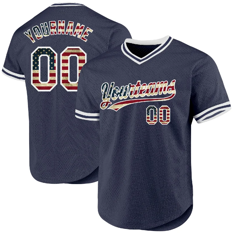 Custom Navy Vintage USA Flag-White Authentic Throwback Baseball Jersey