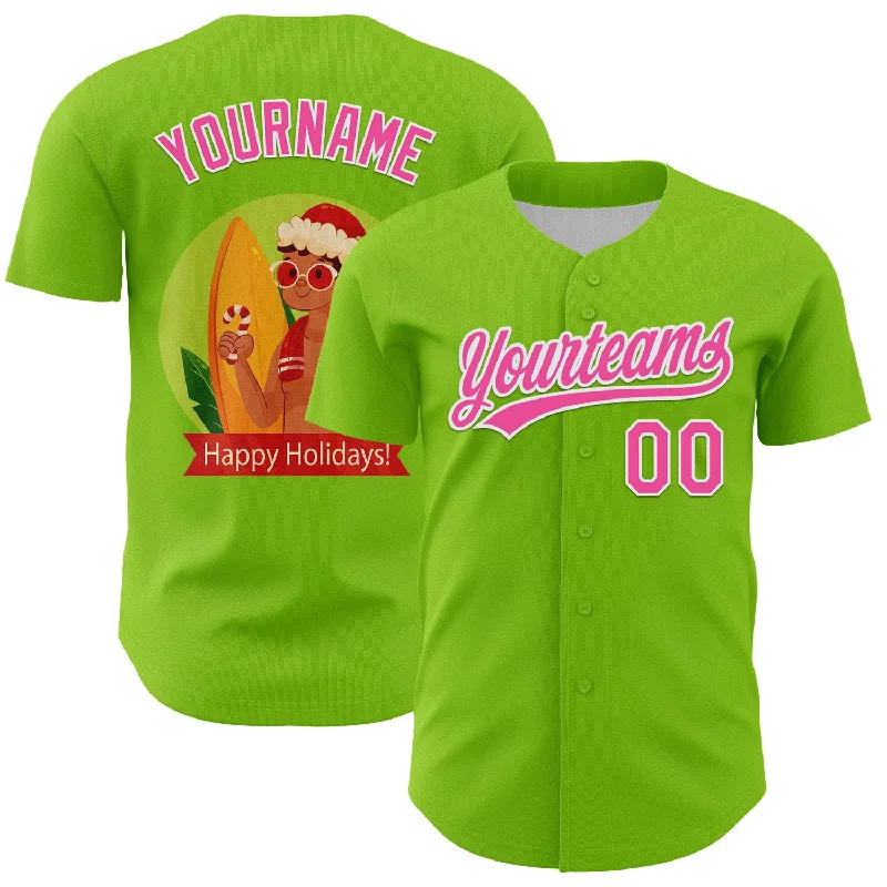 Custom Neon Green Pink-White 3D Funny Christmas Authentic Baseball Jersey