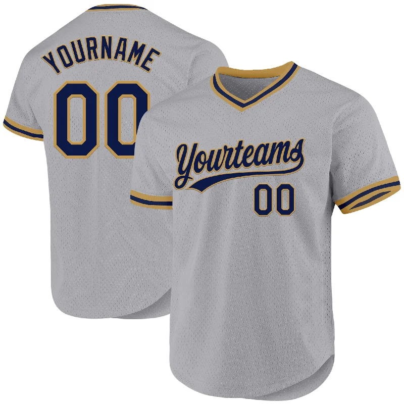 Custom Gray Navy-Old Gold Authentic Throwback Baseball Jersey