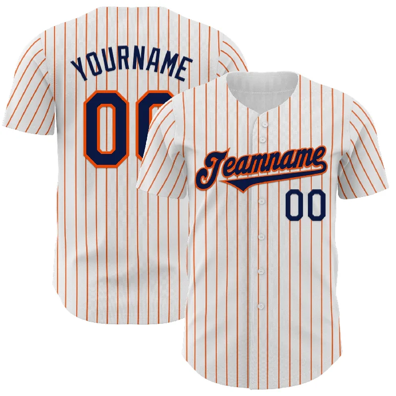 Custom White Orange Pinstripe Navy Authentic Baseball Jersey