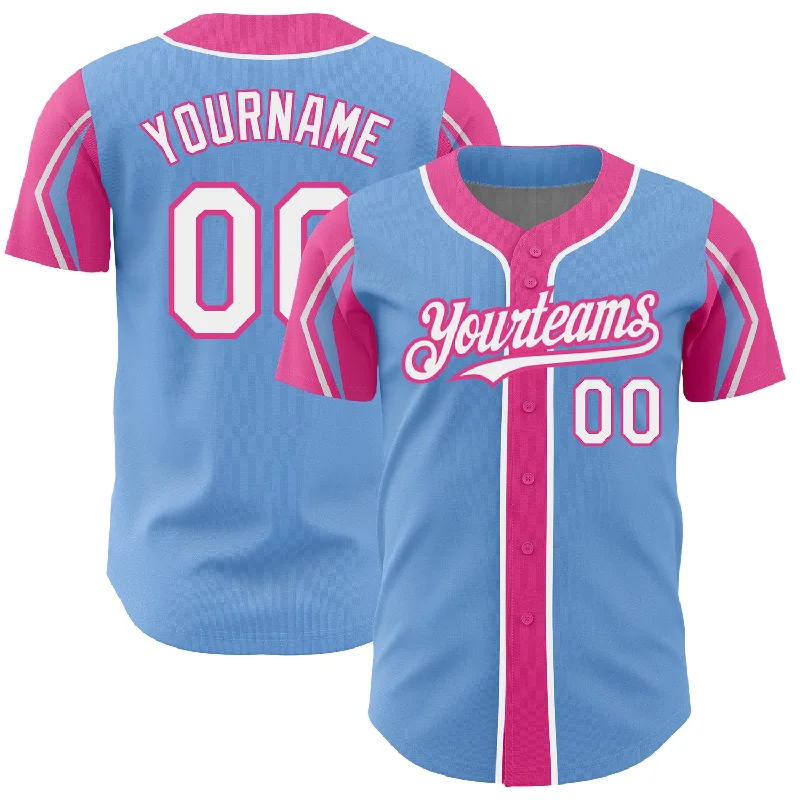 Custom Light Blue White-Pink 3 Colors Arm Shapes Authentic Baseball Jersey