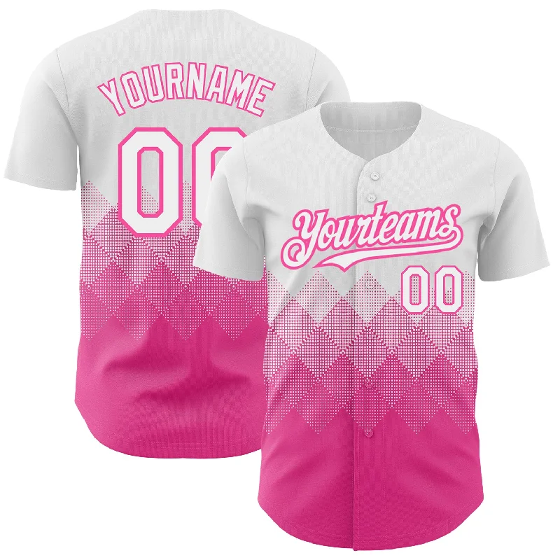 Custom White Pink 3D Pattern Design Gradient Square Shapes Authentic Baseball Jersey