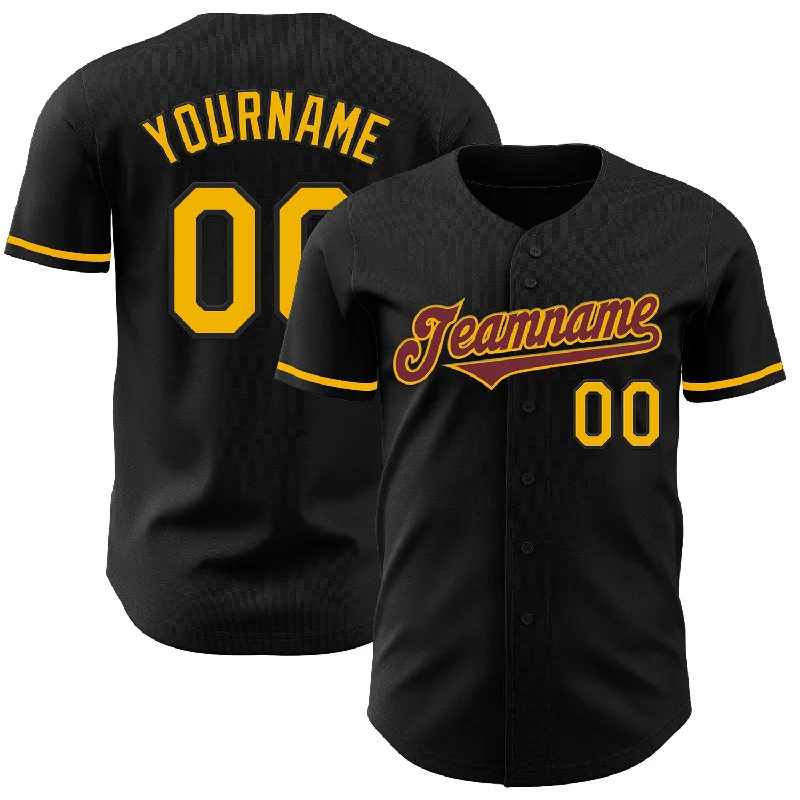 Custom Black Gold-Burgundy Authentic Baseball Jersey