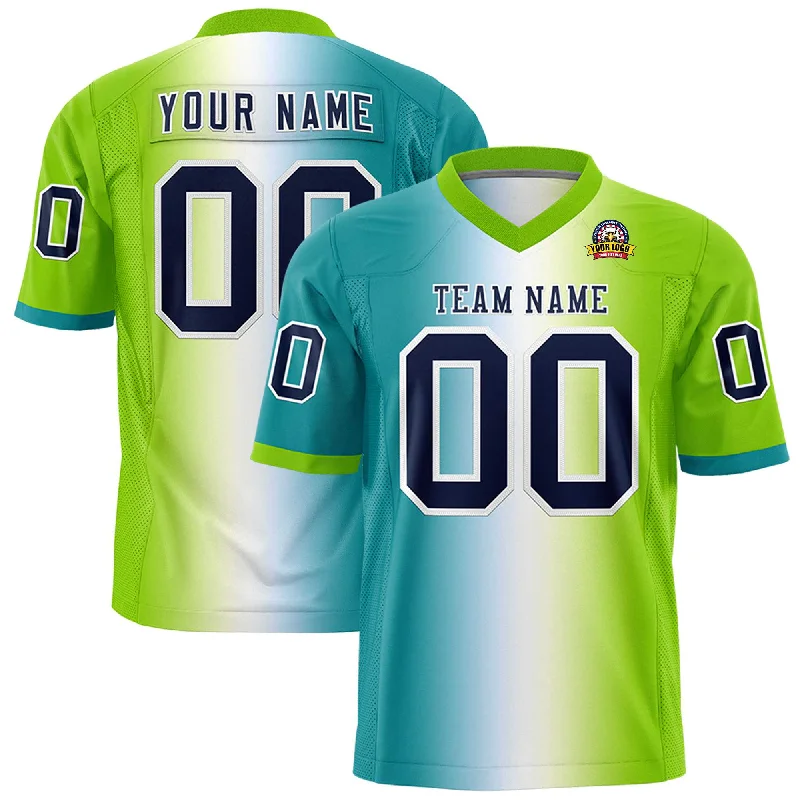 Custom Aqua White-Neon Green Personalized Gradient Fashion Authentic Football Jersey