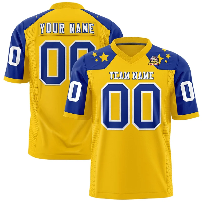 Custom Gold Royal Personalized Shoulder Star Pattern Authentic Football Jersey