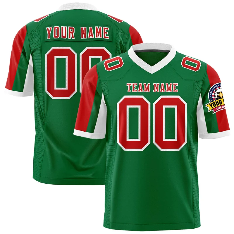 Custom Kelly Green Red-White Color Block Personalized Raglan Sleeves Authentic Football Jersey