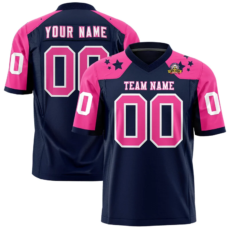 Custom Navy Pink Personalized Shoulder Star Pattern Authentic Football Jersey