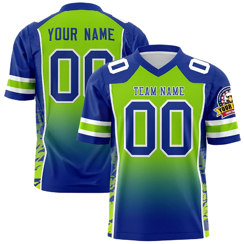 Custom Neon Green Royal Gradient Personalized Side Pattern Authentic Football Jersey