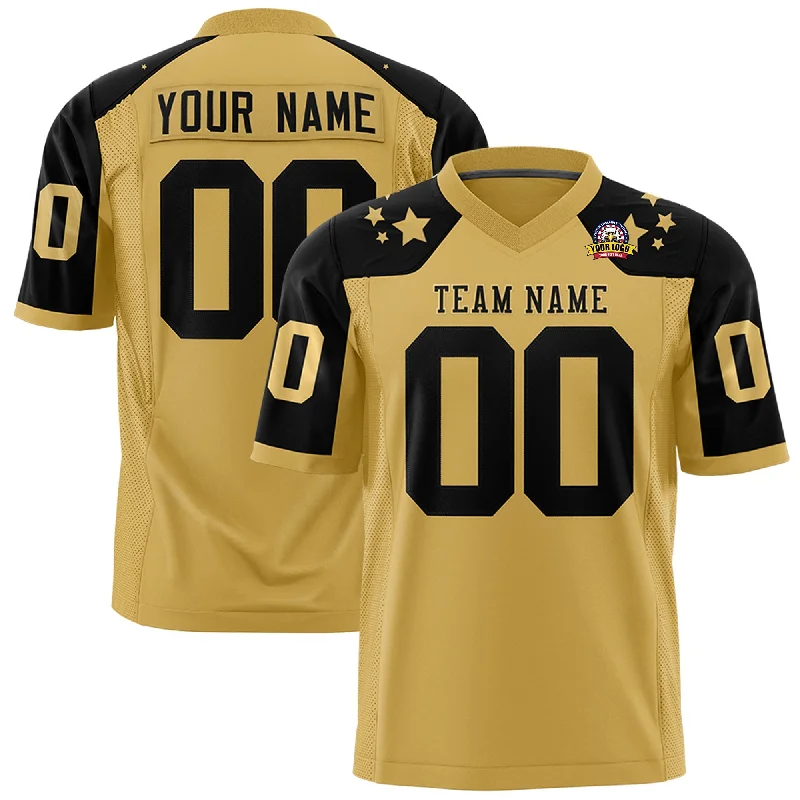 Custom Old Gold Black Personalized Shoulder Star Pattern Authentic Football Jersey