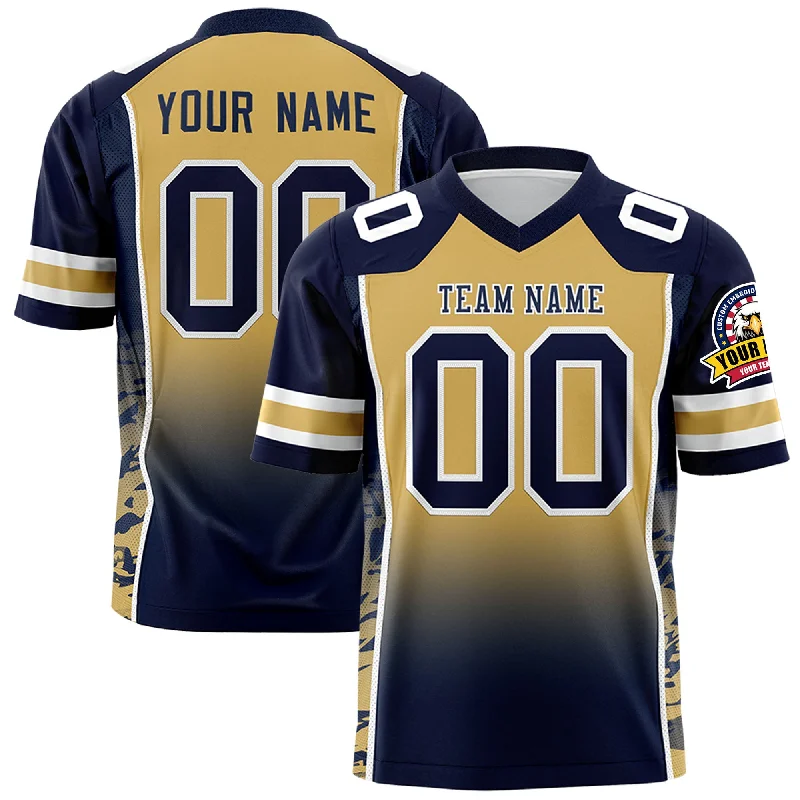 Custom Old Gold Navy Gradient Personalized Side Pattern Authentic Football Jersey