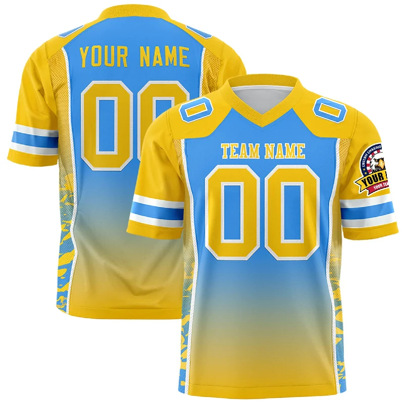 Custom Powder Blue Gold Gradient Personalized Side Pattern Authentic Football Jersey