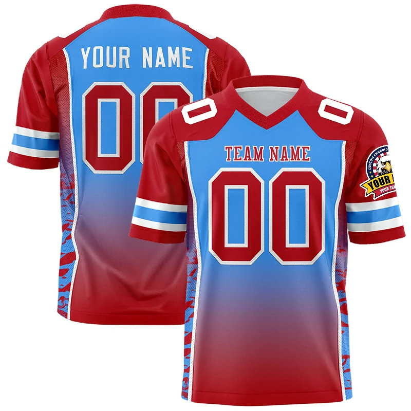 Custom Powder Blue Red Gradient Personalized Side Pattern Authentic Football Jersey