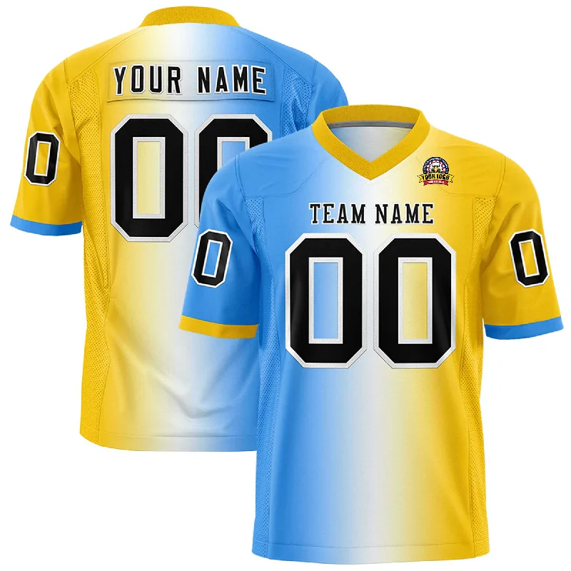 Custom Powder Blue White-Gold Personalized Gradient Fashion Authentic Football Jersey