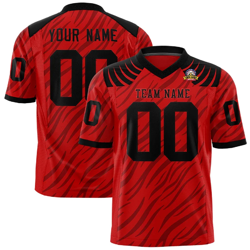 Custom Red Black Personalized Tiger Stripe Graffiti Pattern Authentic Football Jersey