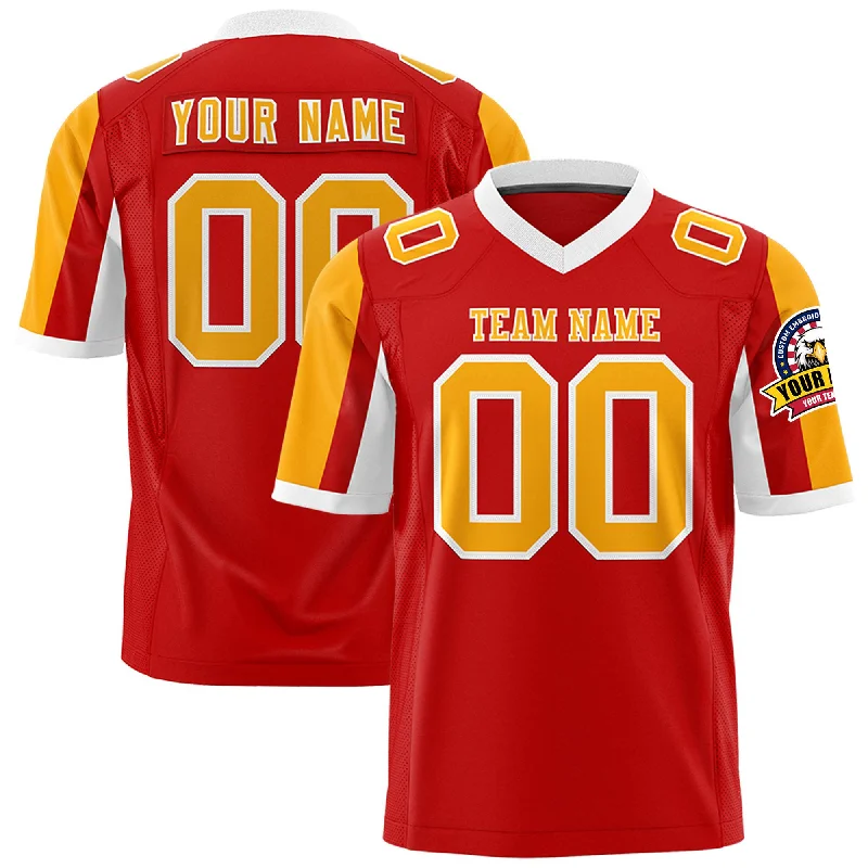 Custom Red Yellow-White Color Block Personalized Raglan Sleeves Authentic Football Jersey