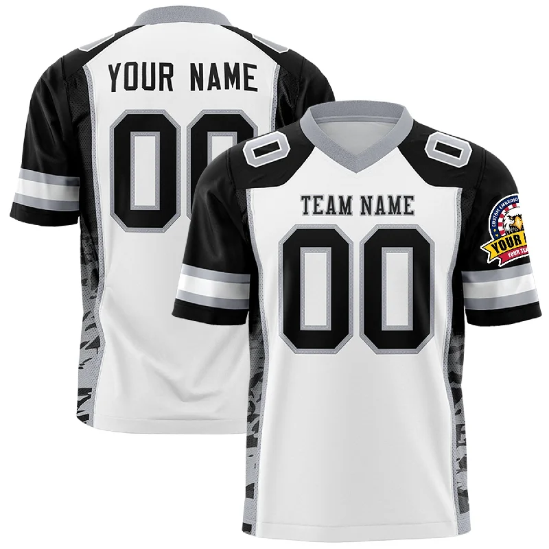 Custom White Black-Gray Raglan Sleeves Personalized Side Pattern Authentic Football Jersey