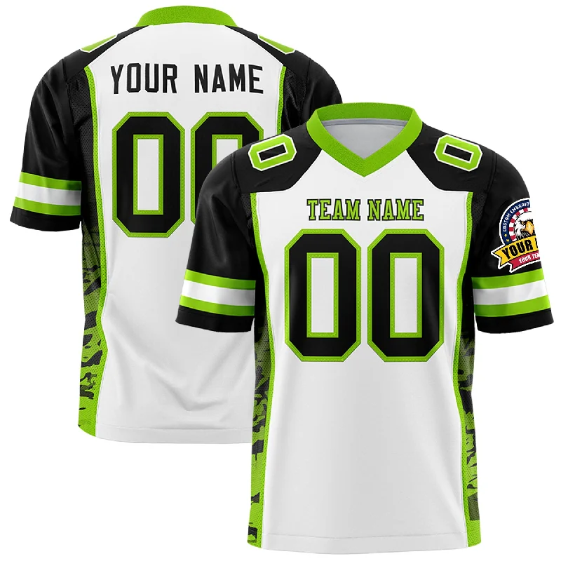 Custom White Black-Neon Green Raglan Sleeves Personalized Side Pattern Authentic Football Jersey