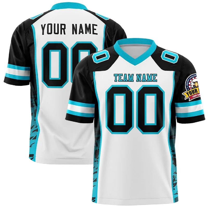 Custom White Black-Sky Blue Raglan Sleeves Personalized Side Pattern Authentic Football Jersey