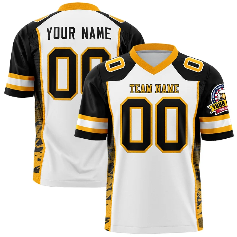 Custom White Black-Yellow Raglan Sleeves Personalized Side Pattern Authentic Football Jersey