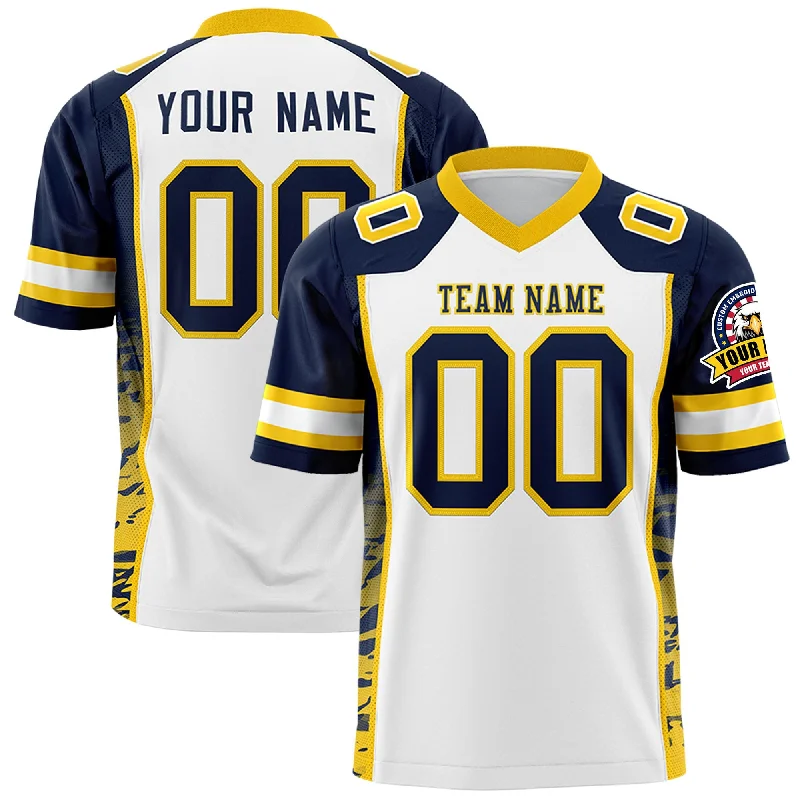 Custom White Navy-Gold Raglan Sleeves Personalized Side Pattern Authentic Football Jersey