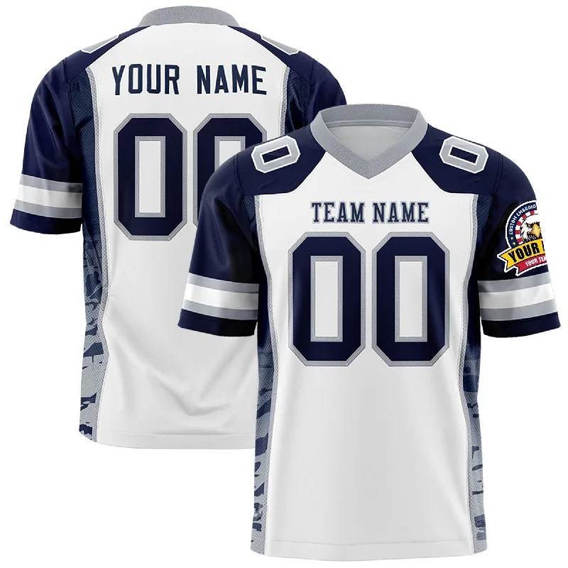 Custom White Navy-Gray Raglan Sleeves Personalized Side Pattern Authentic Football Jersey