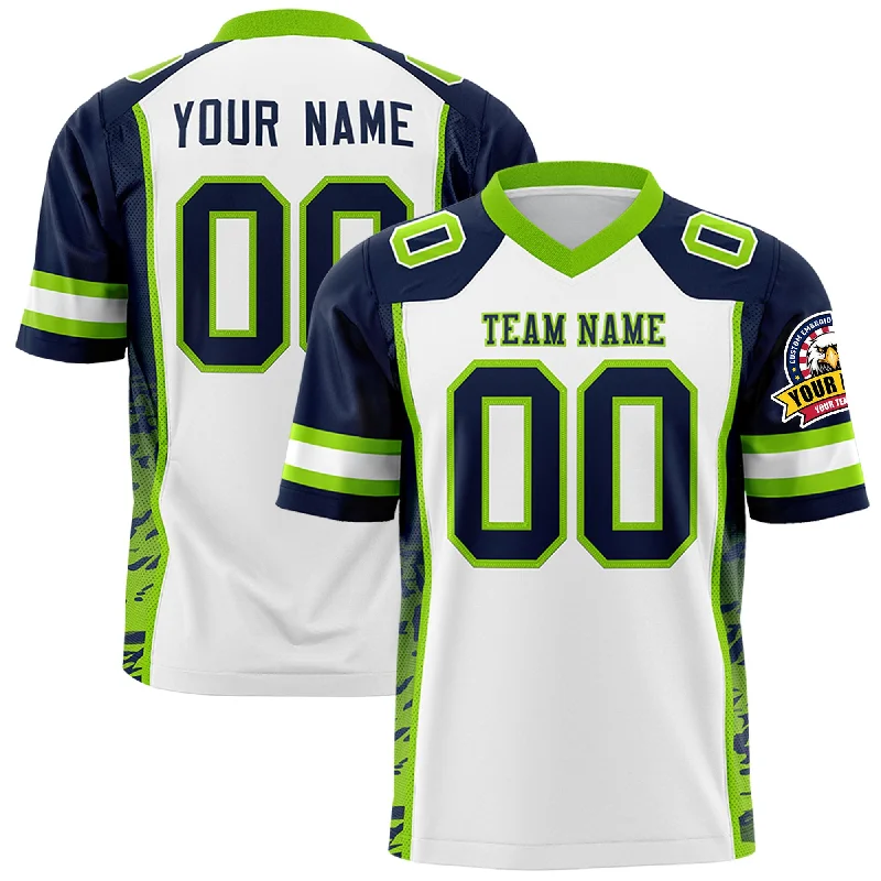 Custom White Navy-Neon Green Raglan Sleeves Personalized Side Pattern Authentic Football Jersey