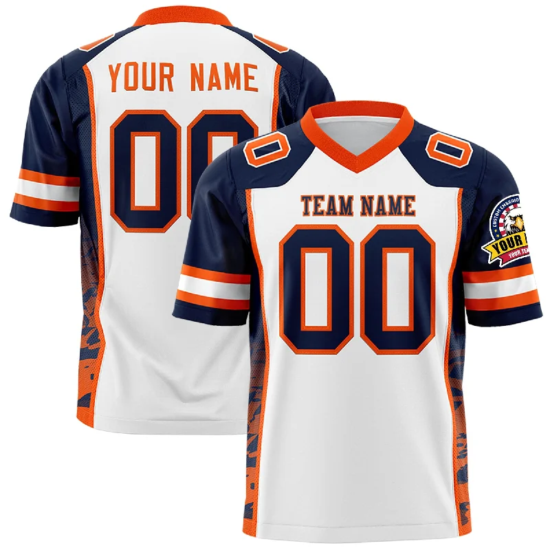 Custom White Navy-Orange Raglan Sleeves Personalized Side Pattern Authentic Football Jersey