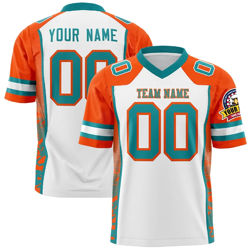 Custom White Orange-Aqua Raglan Sleeves Personalized Side Pattern Authentic Football Jersey