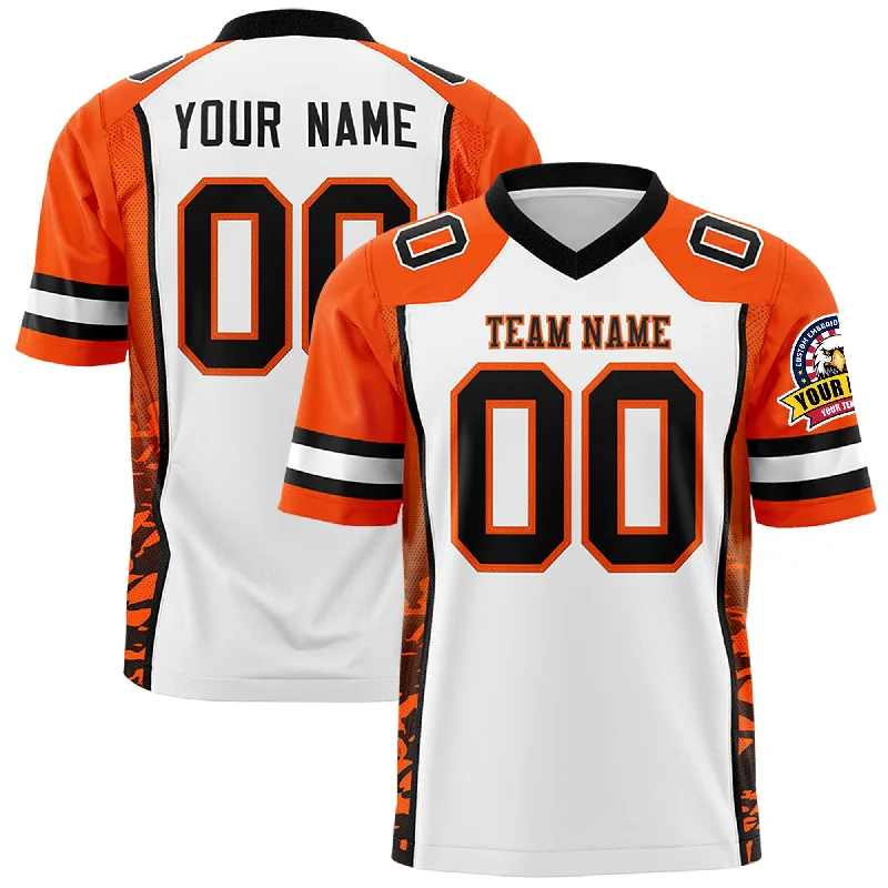 Custom White Orange-Black Raglan Sleeves Personalized Side Pattern Authentic Football Jersey