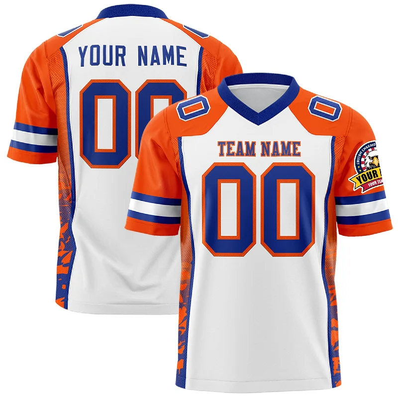 Custom White Orange-Royal Raglan Sleeves Personalized Side Pattern Authentic Football Jersey