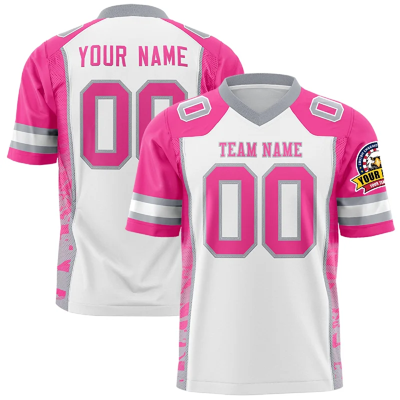 Custom White Pink-Gray Raglan Sleeves Personalized Side Pattern Authentic Football Jersey