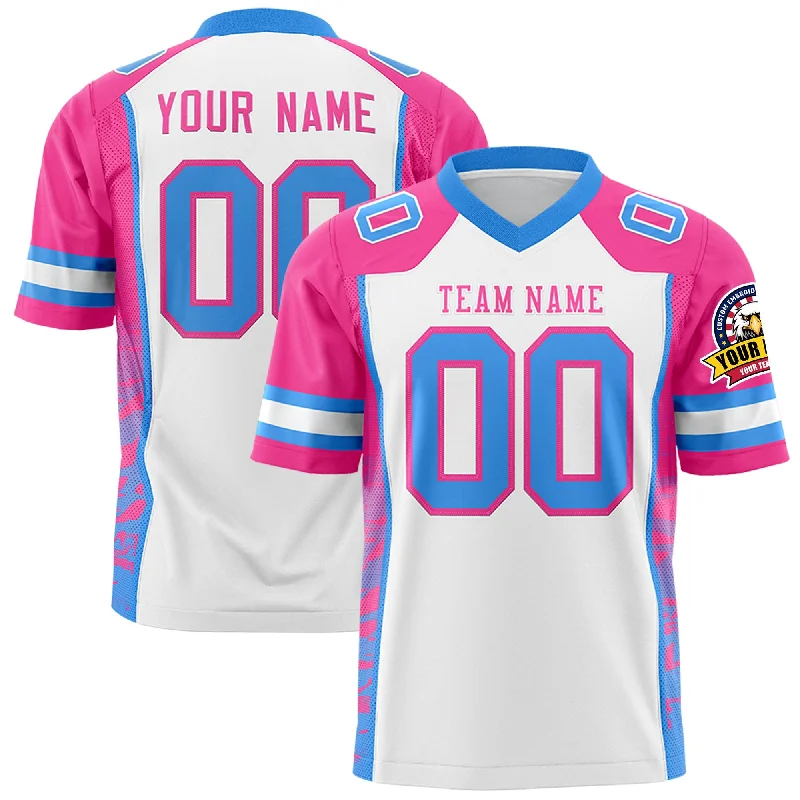 Custom White Pink-Powder Blue Raglan Sleeves Personalized Side Pattern Authentic Football Jersey