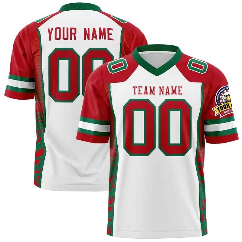 Custom White Red-Kelly Green Raglan Sleeves Personalized Side Pattern Authentic Football Jersey