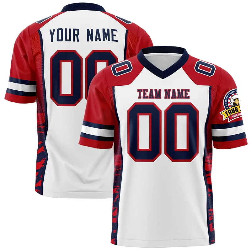 Custom White Red-Navy Raglan Sleeves Personalized Side Pattern Authentic Football Jersey