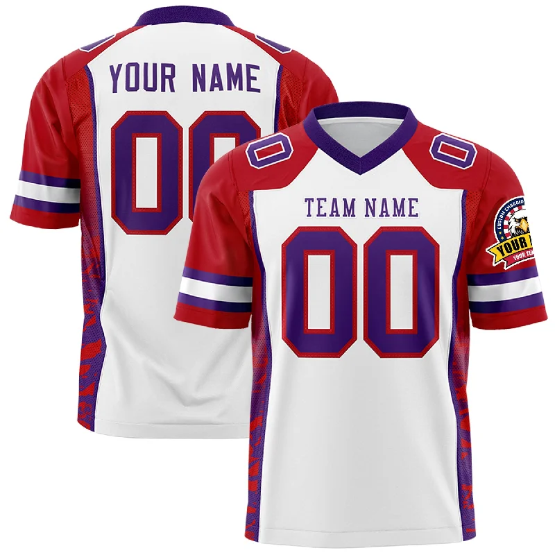 Custom White Red-Purple Raglan Sleeves Personalized Side Pattern Authentic Football Jersey