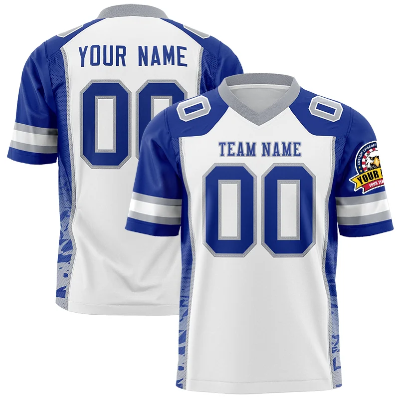 Custom White Royal-Gray Raglan Sleeves Personalized Side Pattern Authentic Football Jersey